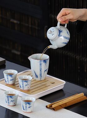 旅行茶具套装一壶四杯户外手绘文竹复古式便携陶瓷家用功夫泡茶器
