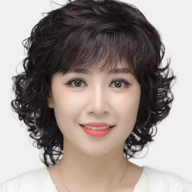 自然风格女士短卷发假发套 羊毛卷真发可齐可斜刘海深棕色