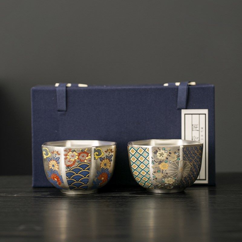 国潮文创鎏银对杯茶具套装茶杯礼盒结婚礼物生日商务老外伴手礼品