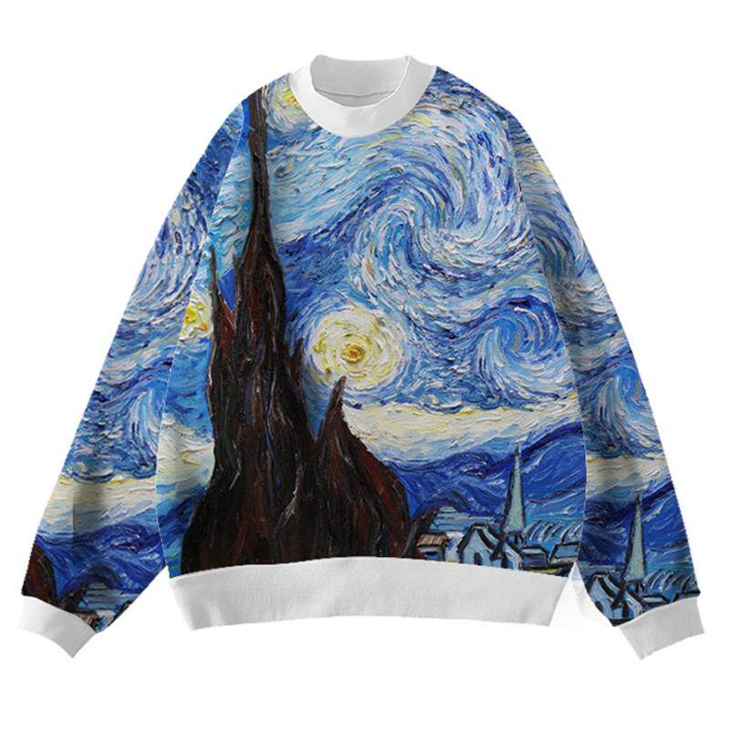 世界名画恶搞梵高油画向日葵星空圆领卫衣套头男女加绒长袖上衣服
