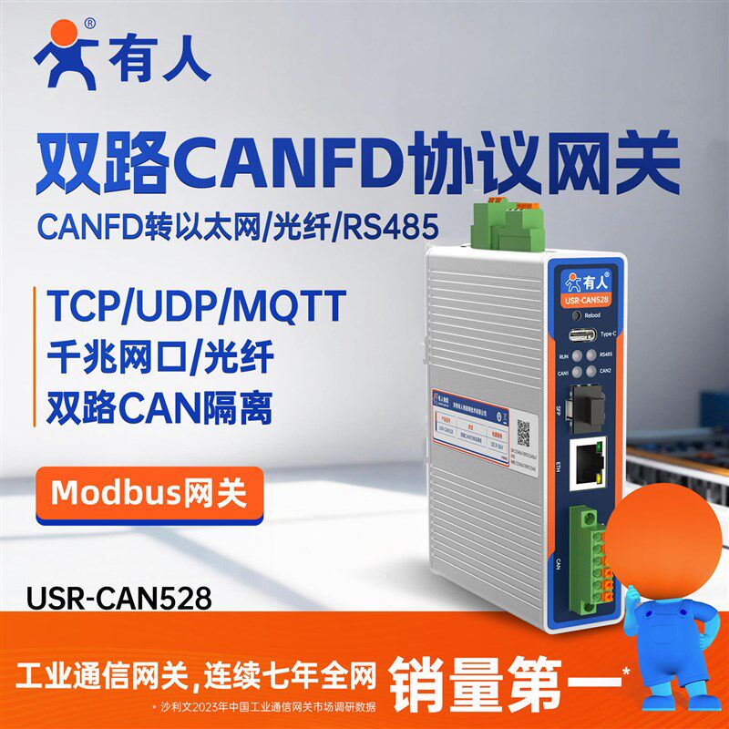 有人双路CANFD协议网关总线中继器光端机CAN转485网口光纤CAN528