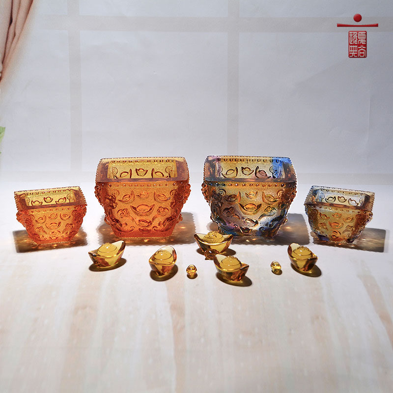 琉璃工艺品桌面门口玄关钥匙收纳盒中式创意水晶聚宝盆办公室摆件