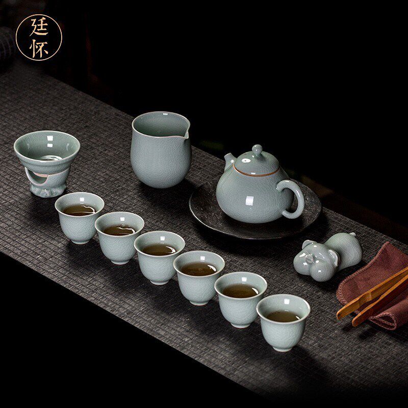 廷怀窑汝瓷高端汝窑功夫茶具套装家用简约茶壶茶杯开片可养玛瑙釉
