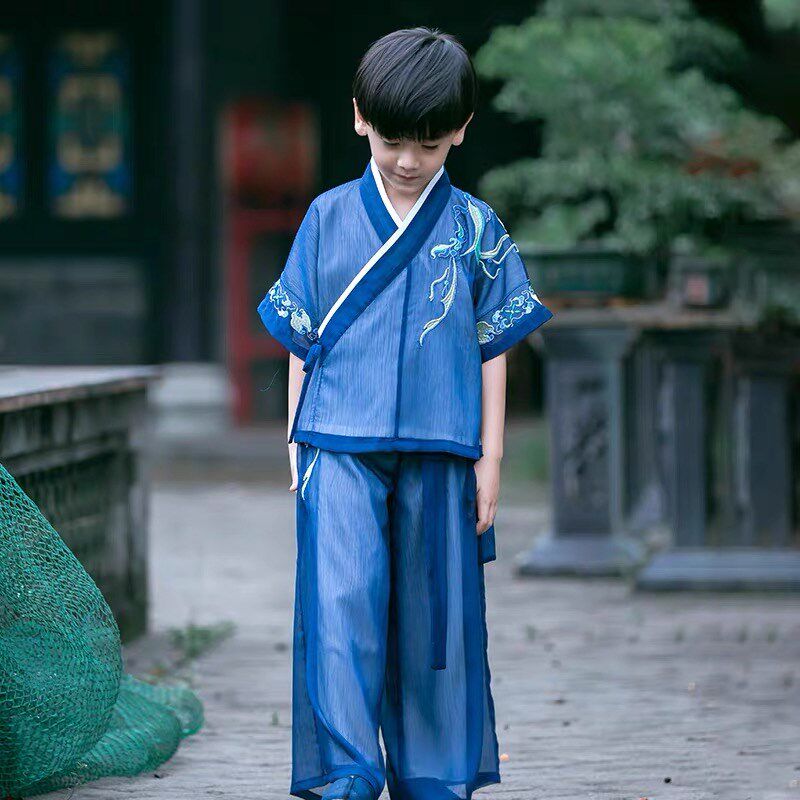 高端宝蓝色儿童汉服男童中国风宋朝服唐装夏季裤子短袖宝宝套装