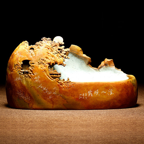 万石君  精品高档砚台珍藏礼品天然原石老坑白鱼子金皮籽料名师手