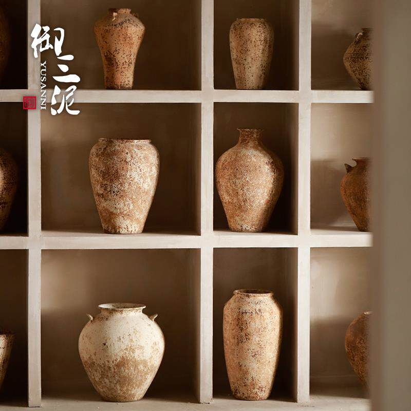 高级感装饰墙格子手工粗陶花器陶罐花瓶纯手作复古侘寂风摆件罐子