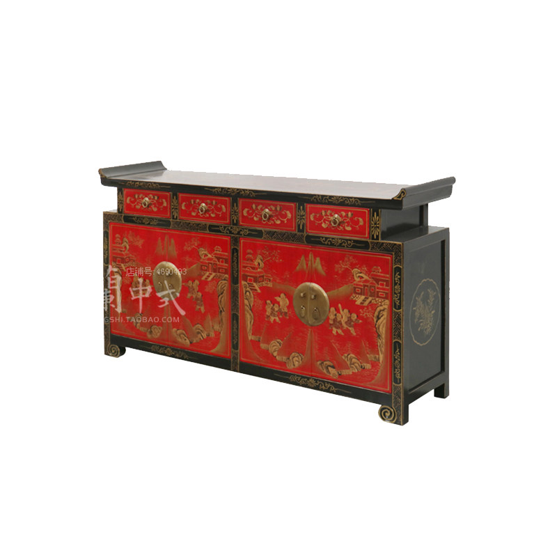 新中式家具 仿古做旧玄关柜 手绘描金翘头实木餐边柜装饰柜鞋柜