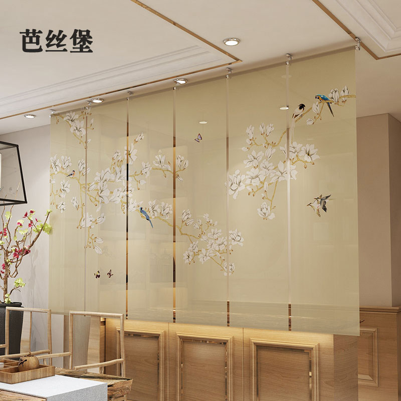 新中式卧室卷帘窗帘布艺悬挂式屏风帘茶室饭厅客厅软隔断升降手拉