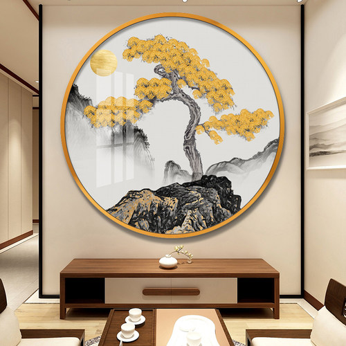 新中式进门过道禅意挂画客厅圆形山水装饰画饭厅饭店松鹤延年壁画