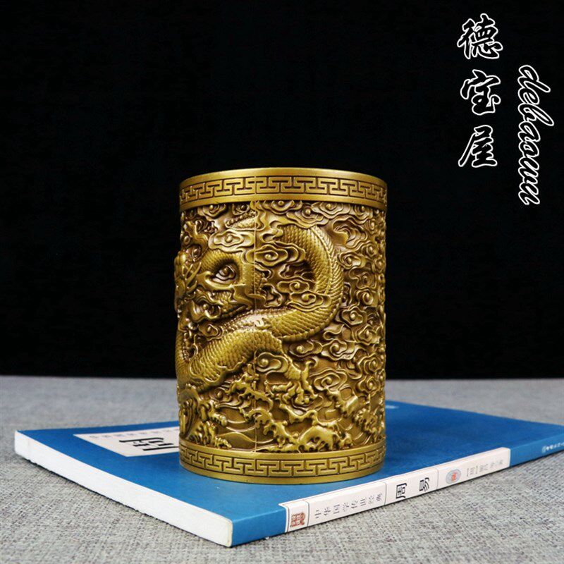 古玩铜器纯铜盘龙笔筒桌面摆件工艺品艺术品笔筒书房用品家居摆放