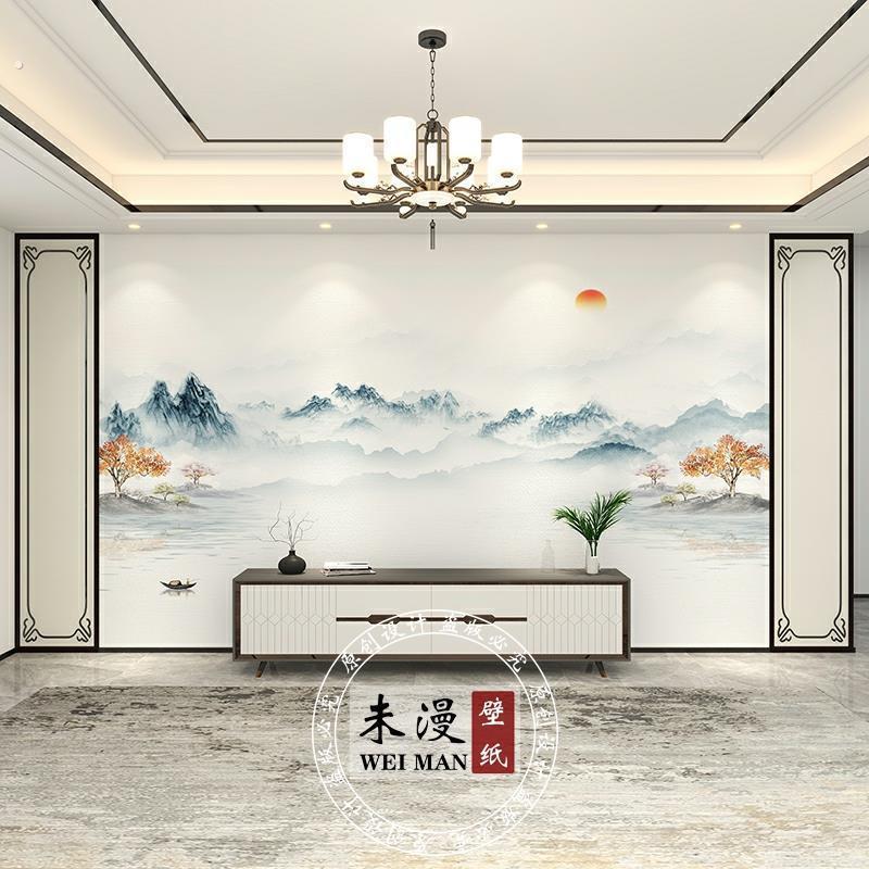 大气新中式水墨山水画墙纸客厅电视背景壁布卧室壁纸影视墙布壁画
