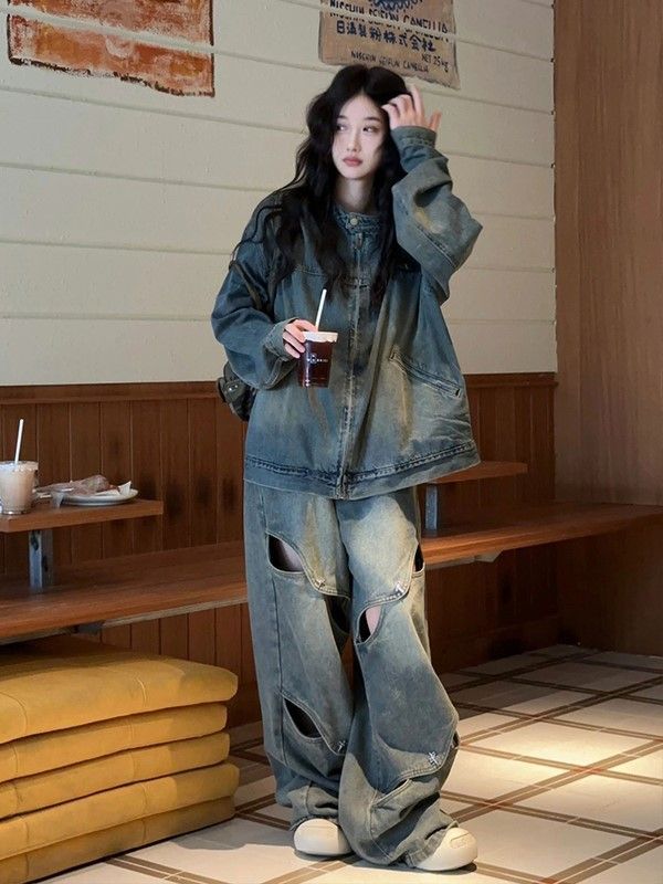 牛仔外套女秋冬废土风水洗做旧vintage夹克衬衫美式复古宽松上衣