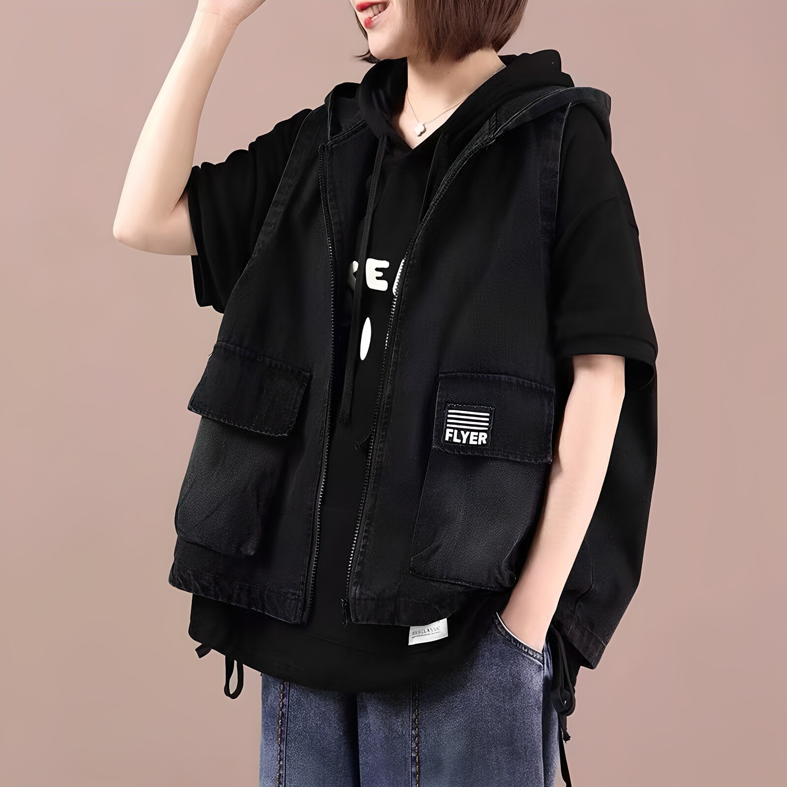 牛仔马甲女春秋新款韩版休闲连帽大码宽松休闲百搭短款马夹坎肩潮