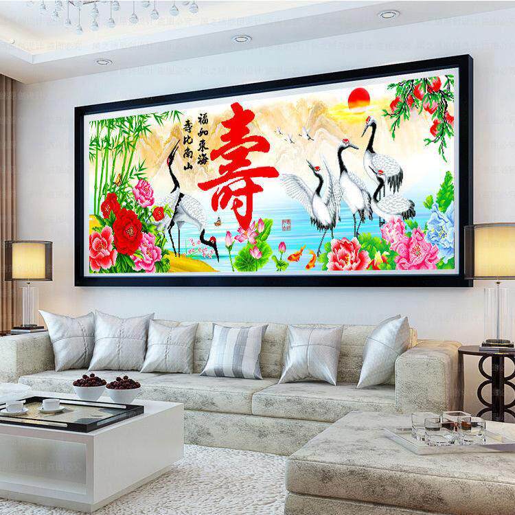 十字绣客厅仙鹤新款寿比南山手工图成品家和万事兴画机绣字寿祝寿