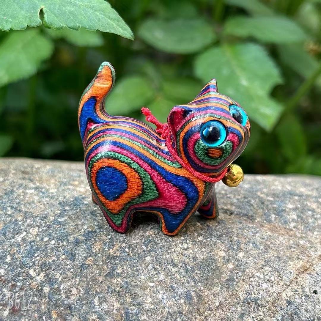 绿檀黑檀木雕摆件小猫创意桌面可爱猫咪文玩礼物彩虹手把迷你礼品
