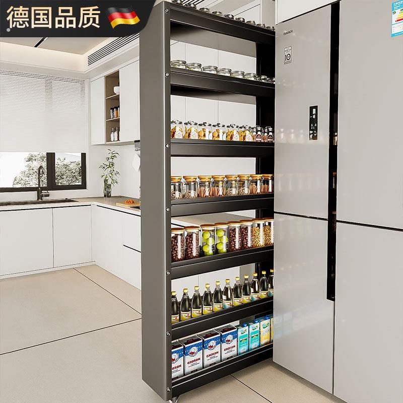德国厨房夹缝置物架冰箱侧边门后极窄缝隙超薄抽拉小推车收纳柜子