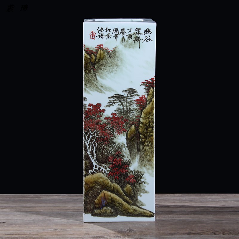 景德镇吴国军大师手绘粉彩山水画陶瓷四方花瓶仿古文房用品装饰摆
