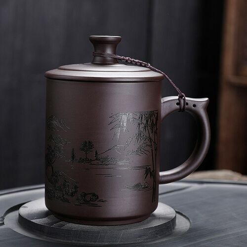 中式办公茶杯紫砂杯家用刻字带盖大容量喝水杯单个带把马克杯定制