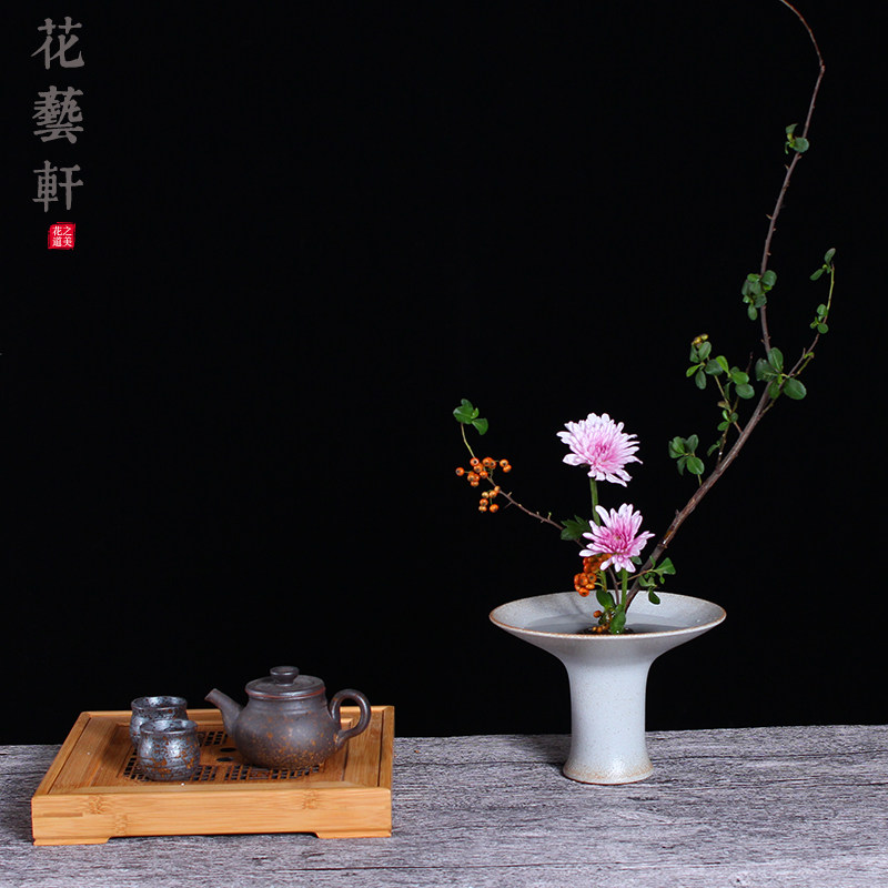 陶瓷中日式剑山插花花器色釉高脚喇叭口花盆瓶禅意小原流花道包邮