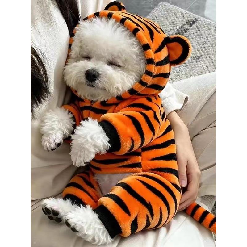 可爱老虎造型狗狗连体衣毛绒宠物服装小型犬萌宠衣服法兰绒四脚衣