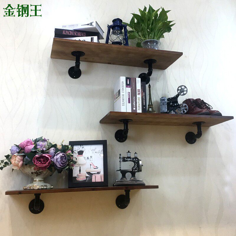 置物架实木隔板墙壁挂书架一字搁板复古墙架客厅厨房卧室工业水管