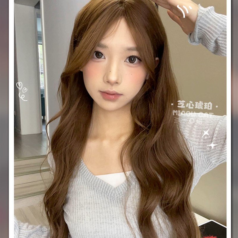 一口喵假发女日常网红长卷发新款自然中分甜美全头套【芝心琥珀】