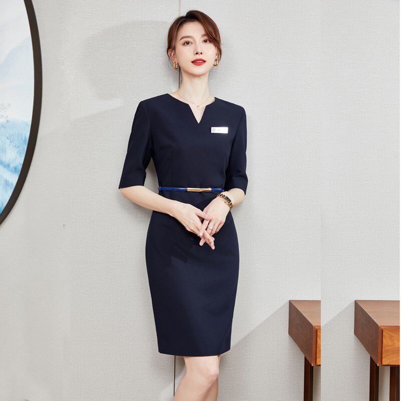 工装职业连衣裙夏季长袖ol售楼处工作服女神范房地产珠宝店面试裙