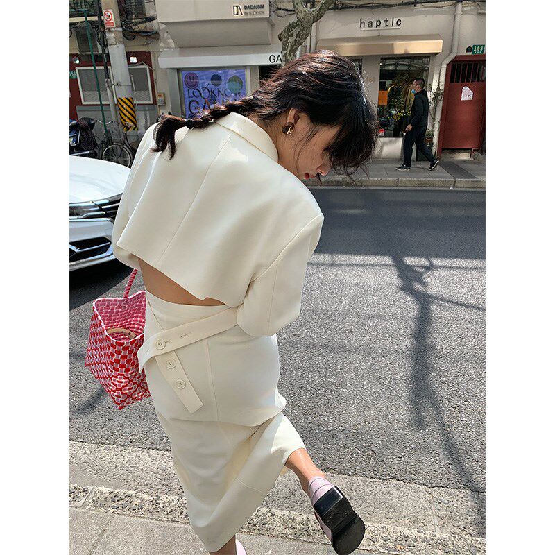 落落狷介 白色西装裙套装2023年新款春装设计感套装裙御姐小个子