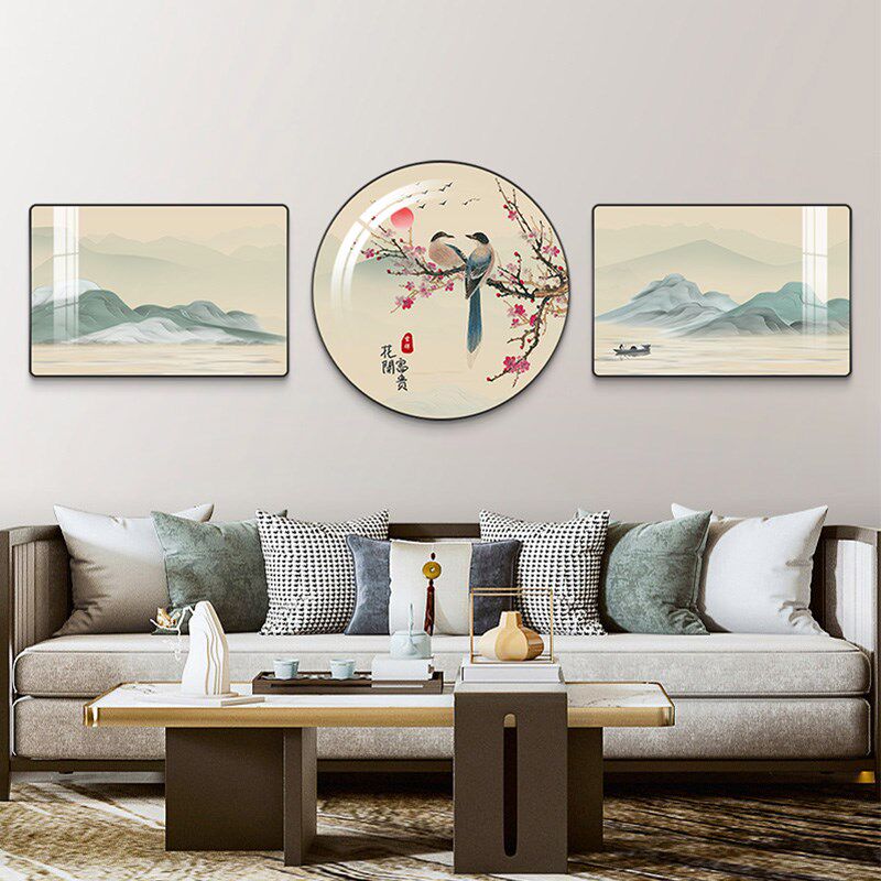 网红五福临门葫芦客厅装饰画九鱼图新中式沙发背景墙国风花鸟壁画