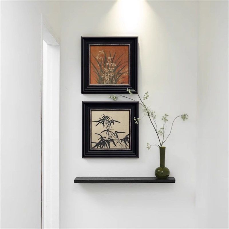 中古风竹子兰花图玄关过道组合挂画黑色置物架壁挂走廊尽头装饰画