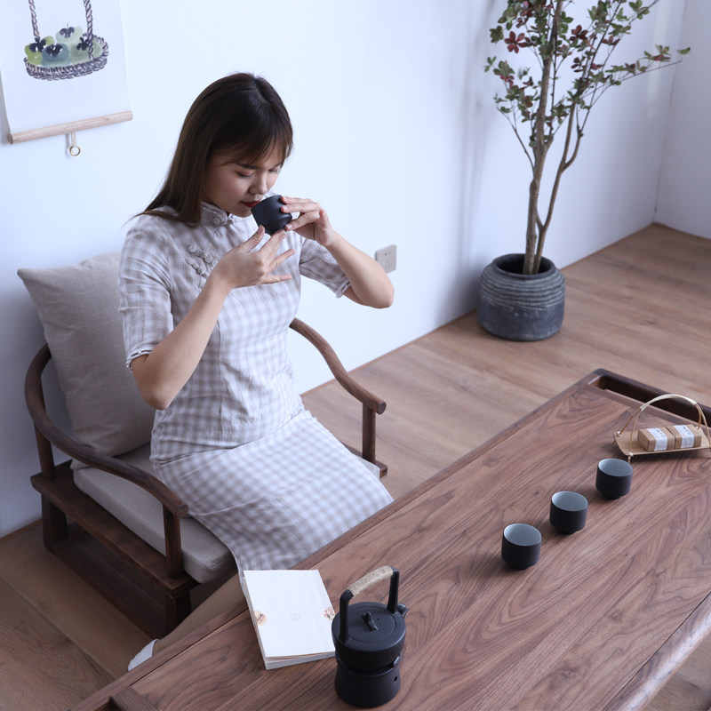 新中式茶几高级实木榻榻米茶桌禅意长日式桌子黑胡桃木矮桌椅组合