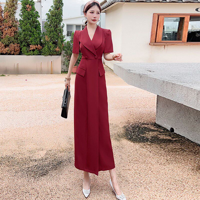 短袖端庄大气高端精致气质遮肚子显瘦西装连衣裙2024新款女夏长裙