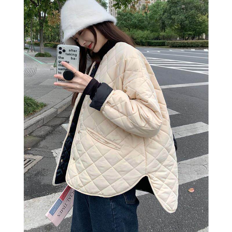 前短后长宽松廓形菱形格子棉服女冬新款黑白北欧短款圆领棉衣外套