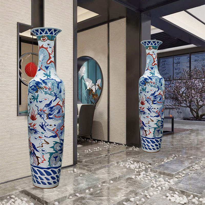 景德镇陶瓷手绘雕刻龙纹落地大花瓶客厅酒店公司装饰摆件开业送礼