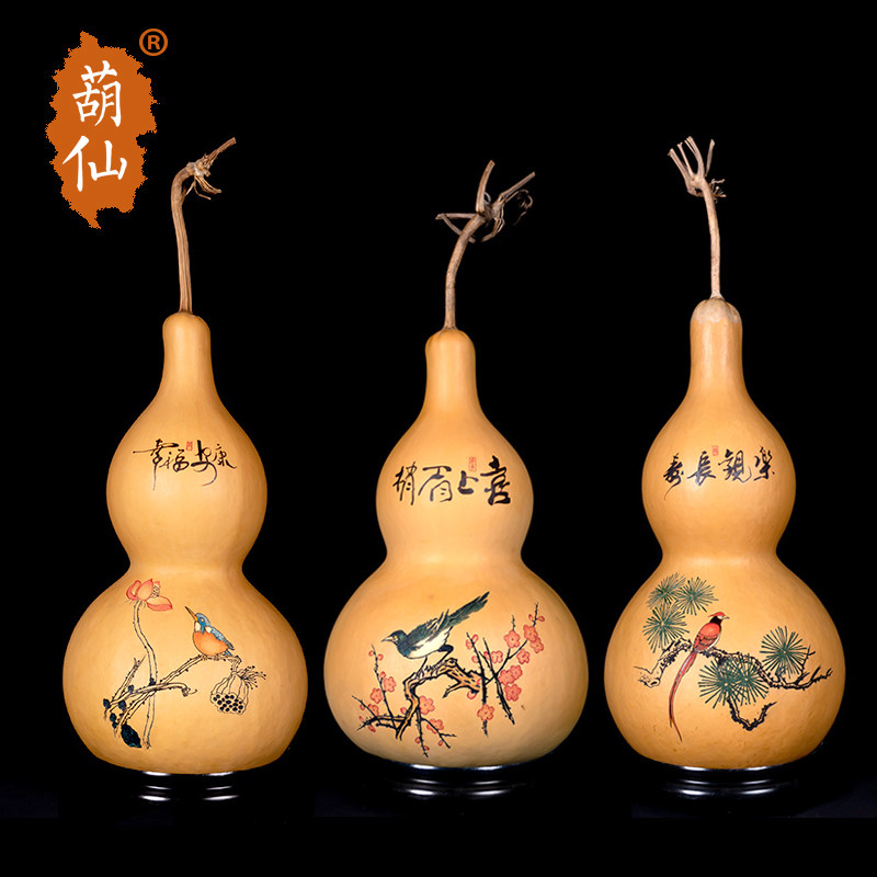 葫仙天然葫芦摆件大号手工烙画墨刻针画家居玄关客厅真胡芦工艺品