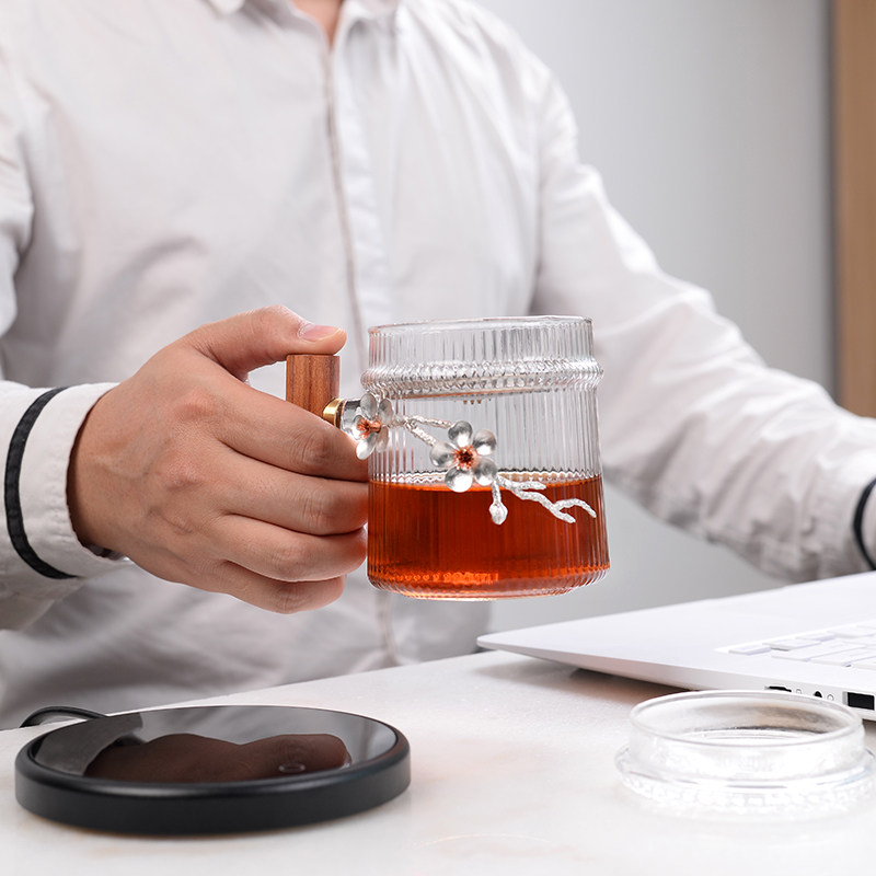带手把玻璃茶杯耐高温不锈钢月牙过滤玻璃杯办公喝水杯子