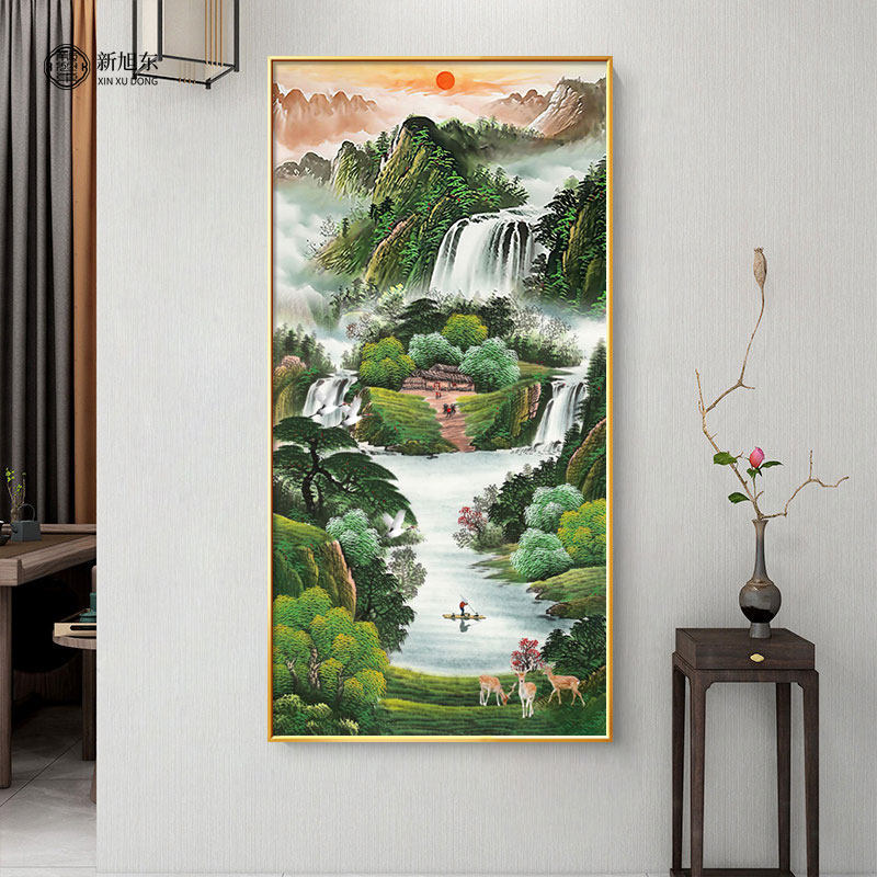 流水生财山水风景新中式入户玄关装饰画竖版进门走廊过道尽头挂画