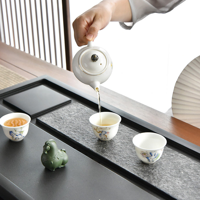 乌金石茶盘石头茶海茶台石材天然大号石茶盘排水简约带竹框刻字