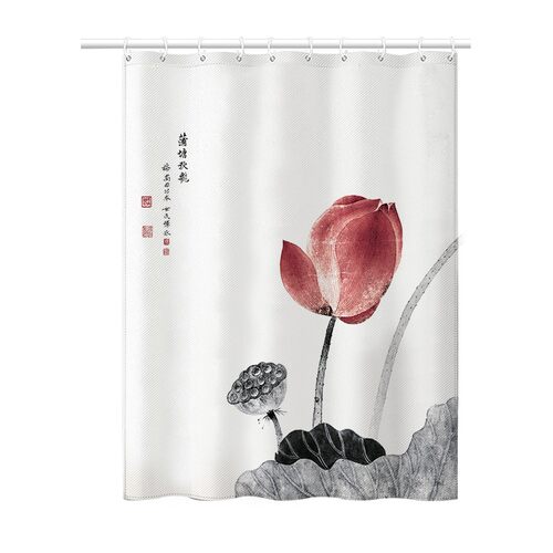新中式荷花浴帘卫生间防水布加厚防霉浴室洗澡隔断挂帘窗帘免打孔