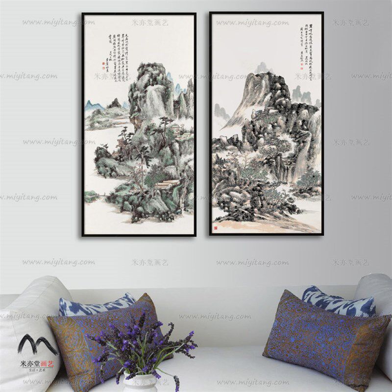 米亦堂x黄宾虹 新中式田园山水挂画客厅餐厅玄关书房双联装饰国画