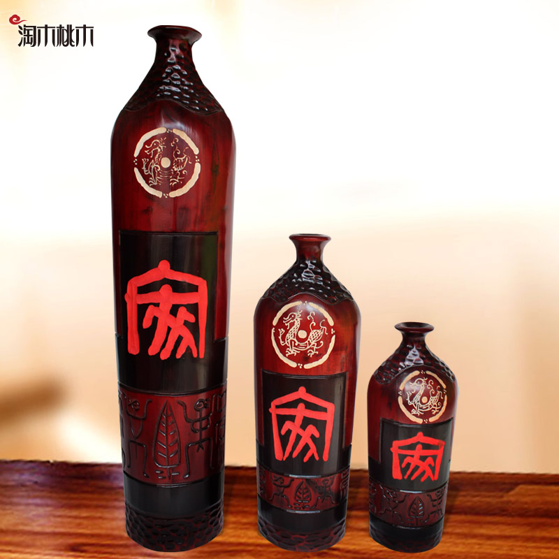 新中式古典落地花瓶桃木复古木质仿古创意客厅餐桌装饰品花器摆件