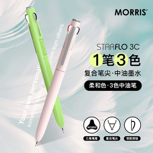 韩国MORRIS STARFLO时尚柔色笔杆黑蓝红三色按动出芯中油笔复合针