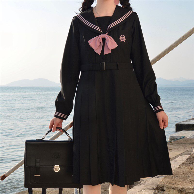 樱花家族jk制服连衣裙【山谷百合】灰粉优雅百褶裙中长款长袖套装
