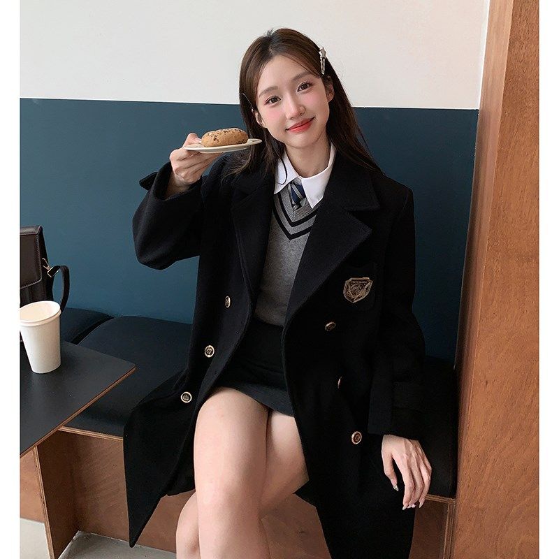 东京岁时记jk黑色大衣小个子学院风大衣冬长款毛呢外套女津南女大
