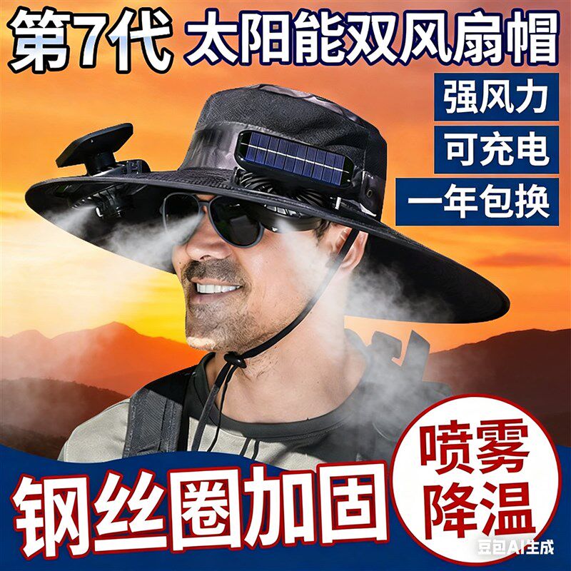 太阳能渔夫草帽采茶双风扇带空调制冷遮阳防晒大帽檐夏钓鱼登山帽