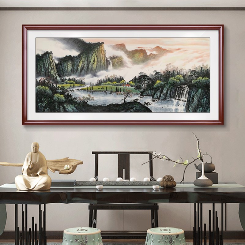 宝地生金挂画新中式客厅沙发背景墙装饰画旭日东升山水画茶室壁画