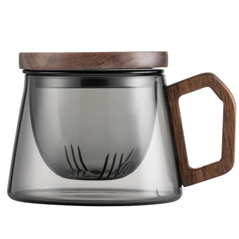 【新品】左茗右器 烟灰色玻璃杯 胡桃木盖喝水杯 茶水分离泡茶杯