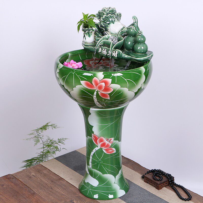 景德镇陶瓷立柱鱼缸家用流水喷泉大号乌龟碗莲养鱼盆客厅加湿造景