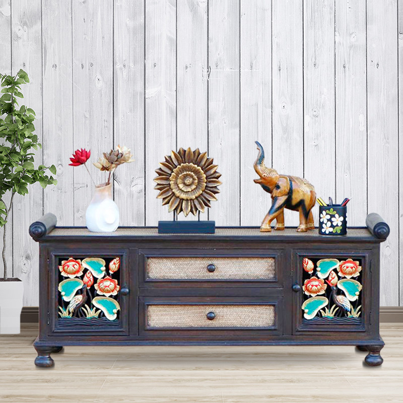 泰国实木竹编仿古电视柜小户型迷你地柜收纳柜复古木质储物柜矮柜