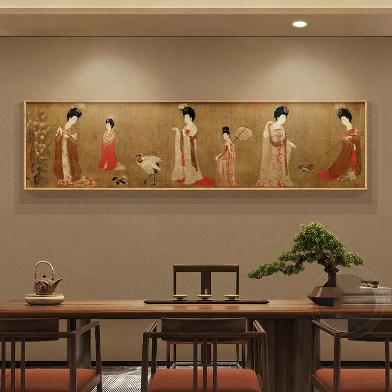 簪花仕女图唐代横幅仿古国画新中式茶室挂画客厅卧室背景墙装饰画